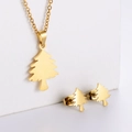 Golden Christmas tree pendant necklace and matching earrings set in polished metal finish - Pine Tree