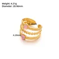 Detailed view of triple-layered wavy gold ring with size measurements and pink gemstones - Adjustable Open / J219-Gold Three-layer Ripple Pink Stone