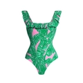 Pink one-piece swimsuit with tropical green leaf print and ruffle shoulder straps - S / One-Piece Swimsuit (Single)