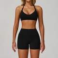 Women's black halter neck sports bra and high-waisted tight fitness shorts set - S / Bra Style 2 + Shorts / Premium Black