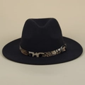 Detail of a black wide brim felt hat featuring a leopard print belt and metal buckle - M (56-58cm) / Black