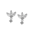 Detailed view of silver s925 leaf earrings with sparkling cubic zirconia floral studs - White Silver