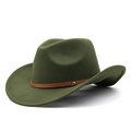Detail of olive green wool felt cowboy hat with brown leather band and gold rivet accent - Army Green