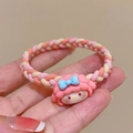 Tricolor woven bow hair tie featuring a cute pink cartoon resin character charm - Woven Pink Rabbit Girl