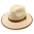 Cappello da sole in paglia bianco crema con nastro in pelle marrone e bordo rifinito - M (56-58cm) / Beige