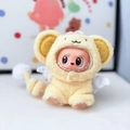 Labubu plush toy in yellow furry suit with cute elf ears and white wings detail - Curly Tail Little Set / First And Second Generation Keychains Are Compatible With La Cloth Dolls. Dolls Not Included.
