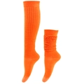 Detail of bright orange knit slouch socks showing versatile knee-high and ruffled wear styles - Orange