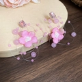 Macro detail of handmade pink fabric flower earrings with crystal stud and beaded petals - Pink