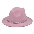 Detail of pink wool fedora with a thick silver metal chain accessory on flat wide brim - Pink Hat Silver Chain