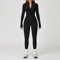Slim fit black thermal yoga bodysuit with front zipper and thumbholes detail - S / Top And Bottom (Without Chest Pads) / Premium Black