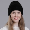 Women's warm black rabbit fur knit beanie hat for winter with soft fluffy texture - Black