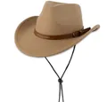 Cappello da cowboy classico in pelle scamosciata cammello con cinturino in pelle marrone - M (56-58cm) / Stile Corda Antivento Cinturino in Pelle Cammello (23) / Cammello