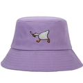 Purple cotton bucket hat featuring a funny goose with knife embroidery for summer sun protection - Adjustable / Purple