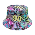 Detail of vibrant 90s retro pop art print on canvas bucket hat with disco themes - M (56-58cm) / Pink Purple Green Blue Pop Art (C)