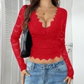 Women's sexy deep V-neck red lace long sleeve top with Y2K hollow out floral pattern - XS / Red
