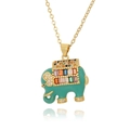 Gold elephant necklace with green enamel and colorful zircon stones on white background - Green