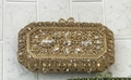 Champagne gold rectangular evening clutch bag with crystal flower pattern and bow clasp - Gold / Gold Rhinestone