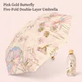 Pink and gold butterfly pattern foldable UV umbrella with elegant wooden handle - Ultra Compact All-Over Pattern Gold Pole Butterfly