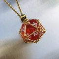 Unique red translucent dice pendant in gold metal cage with a delicate matching chain - Gold Cage with Bright Red Dice