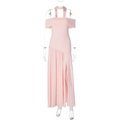 Detail van elegante roze maxi-jurk met blote schouders en een hoge zijsplit met strikdetail - S / Lichtroze