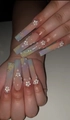 Detalle de uñas postizas cuadradas extra largas con flores 3D, perlas y degradado - Estilo de Degradado de Perlas y Flores Blancas (SGCY-113) / Tipo de Pegamento