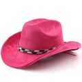 Detailed view of rose pink suede cowboy hat with colorful beaded ethnic band decoration - Rose Red