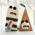 Thick coral fleece winter socks with panda embroidery in a brown triangle gift box - Adult (No Gift Box) / Grey Striped Raccoon