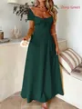 Elegante abito lungo verde scuro con spalle scoperte, maniche corte e laccio in vita - Taglia S / Verde scuro