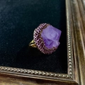 Vintage amethyst crystal cocktail ring with pink rhinestones and gold open band - Amethyst Raw Stone Ring (K-0858)
