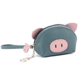 Monedero pequeño de cuero con forma de cerdito azul con orejas rosas y correa de mano - Azul Perla