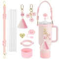Pink water bottle accessory set with woven lanyard, straw covers, and silicone boot - Pink Metal Straw Edition
