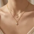Collar de doble capa en plata 925 dorada con colgantes de luna y estrella moissanita - Estilo N15244 (Moissanita 2.5mm+17 Piedras) / Plata 925 Bañada en Oro K