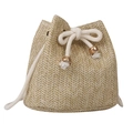 Stroh-Eimertasche mit beigem Fischgrätenmuster und weißem Kordelzug mit goldenen Metallperlen - Khaki