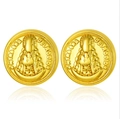 Round golden stainless steel earrings featuring an embossed Madonna religious pattern - Virgen del Rocio Religious Stud