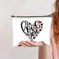 Close-up of white canvas cosmetic bag with I Love You print and black zipper - White I Love You Heart (jiayingpbb0316)