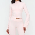 Blush pink yoga set featuring stand collar zip jacket and cross-waist leggings with pockets - Light Pink
