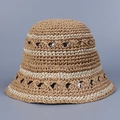 Opvouwbare gestreepte strooien vissershoed voor dames met ademend gehaakt patroon - M (56-58cm) / Khaki