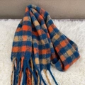 Winter plaid scarf in blue and orange with long fringes on soft faux fur rug - Blue Orange Beige Plaid (25)