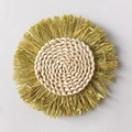 Bohemian style woven straw wall decor with natural beige fringe in a round design - Green Tassel Style (18cm)