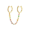 14K gold rainbow gemstone double hoop earring with link chain for women fashion - 7-Gold Rainbow Zirconia Connected Hoop(Single)