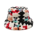 Detailed macro view of the thick plush texture and bohemian colorful pattern on bucket hat - M (56-58cm) / Ivory White Geometric Pattern (B)