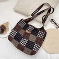 Borsa tote in tweed a quadri marroni capiente in stile vintage britannico chic - Stile Tote in Lana Patchwork (511244)
