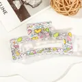 Macro detail of large transparent hair claw clip with colorful hearts and love lettering - 8.5cm Heart Print - Style K Transparent Base