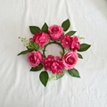 Top view of a 20cm artificial rose and hydrangea candle ring wreath in pink and green - Rose Red