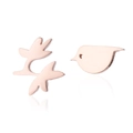 Asymmetric rose gold bird and leaf earrings with polished mirror finish on white background - 139 Rose Gold