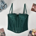 Dettaglio del bustier in pizzo verde scuro con ricamo floreale e stecche di sostegno - S / Verde