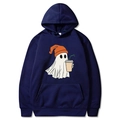 Navy blue Halloween hoodie featuring a cute white ghost illustration and front pocket - S / Navy Blue