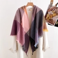 Close-up of colorful checkered cashmere scarf with tassels styled on a beige coat - Pink Gray / 200x90cmx130cm