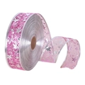 Pink sheer ribbon with silver stars and music notes pattern for gift wrapping - 2m x 6.3cm / Rose Red
