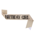 Close-up of golden glitter fabric sash with black Birthday Girl lettering for party - One Size / Gold with Black Text - GIRL